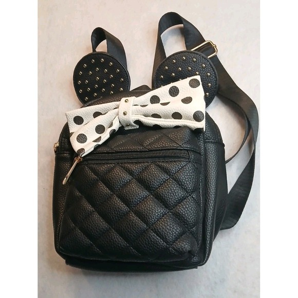 Olivia & Kate New York Womens Black Quilted Mini Backpack Studded Ears Bow - Picture 2 of 16